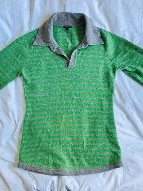 Pure Amici Cashmere Sweater in Green and Gray Stripe (S)